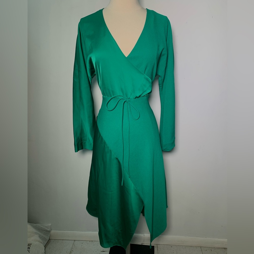 NWT Cushnie x Target Green faux Wrap Dress mix fabrics satin asymmetric bow